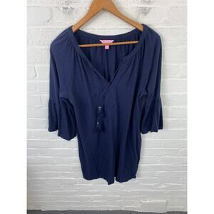 Lily Pulitzer Women's Lago Bell Sleeve Tunic Mini Dress Tassels Navy Blue Size M